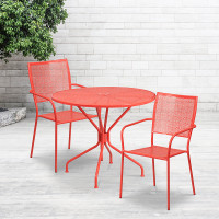 Flash Furniture CO-35RD-02CHR2-RED-GG 35.25" Round Table Set with 2 Square Back Chairs in Coral